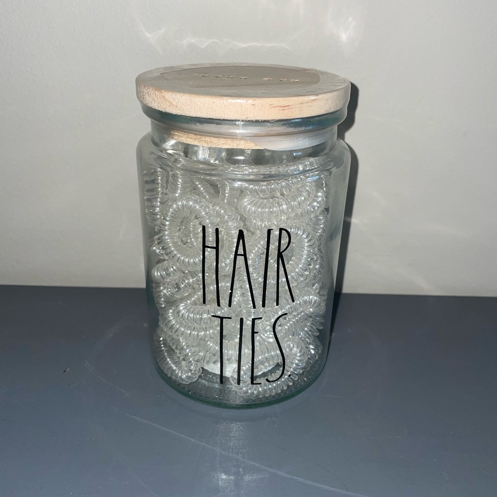 Rae Dunn hair ties glass jar with wood lid